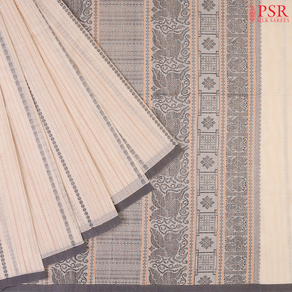 PSR Silks presents a traditional handloom Kalakshetra Kovai Cotton saree in a captivating Light Biege& beautifully weaved with Orange & black thread work.