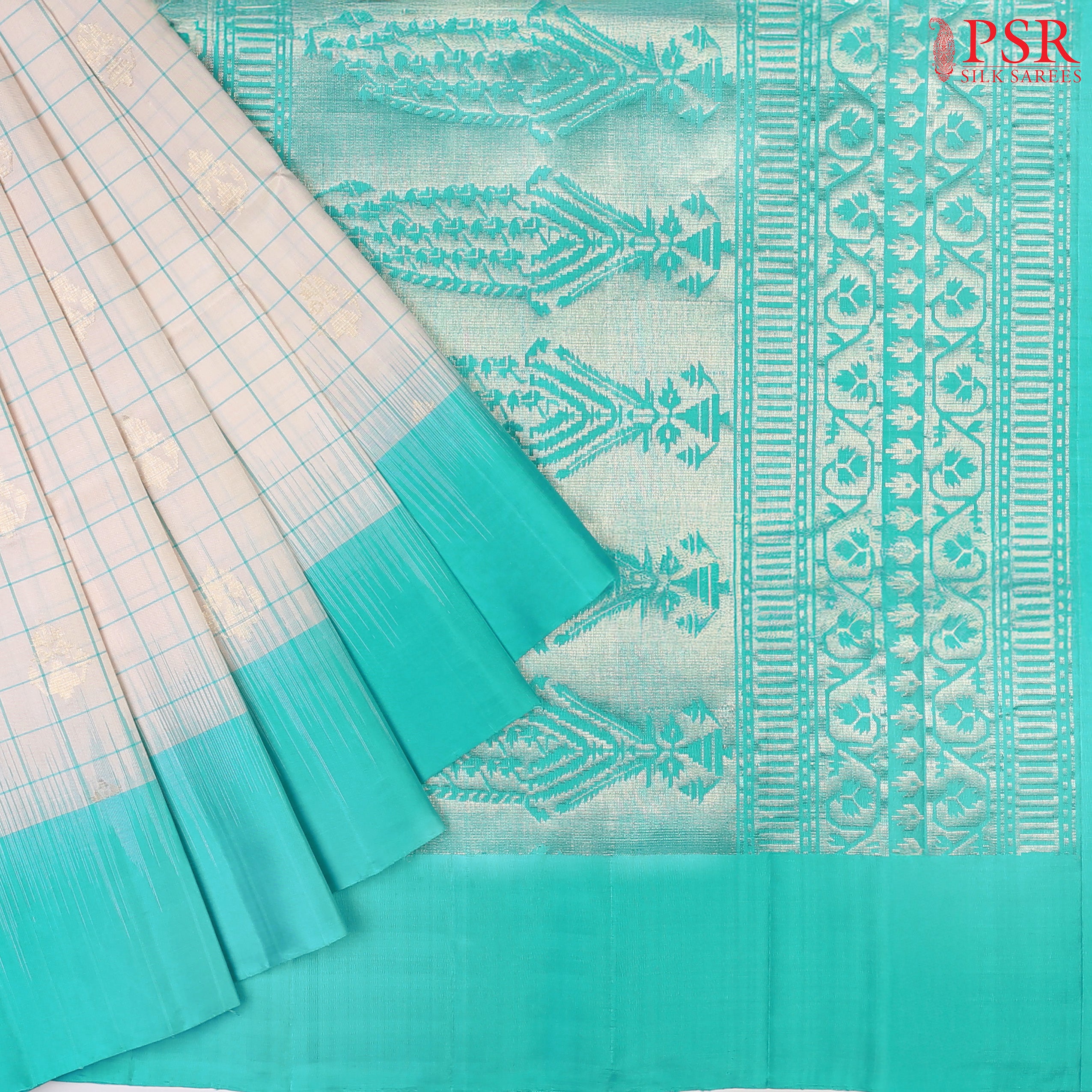 Step into sophistication with our Light Beige Soft Silk Saree, gracefully paired with an exquisite Turquoise contrast. 