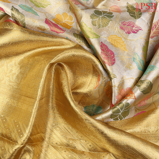 Drape yourself in timeless grace with this luxurious Light Golden Tissue Kanchipuram Silk Saree, a masterpiece from our Bridal Kanjivaram collection