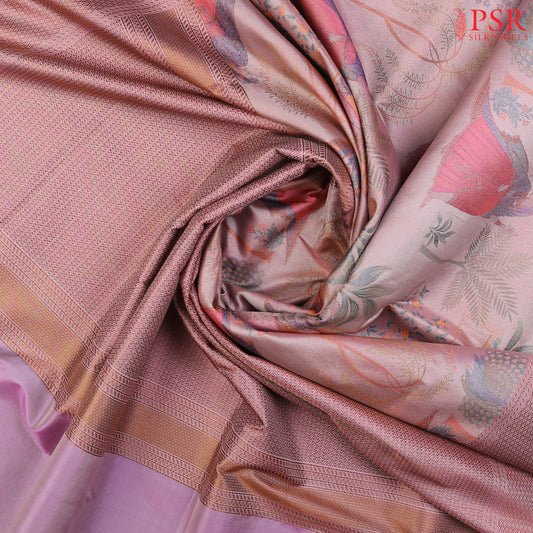 PSR Silk Sarees presents a stunning Light Pink Mauve Pashmina Silk Saree, a perfect blend of luxury and heritage