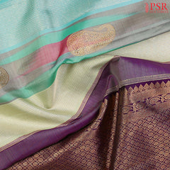 Pistachio Green Kanchipuram Silk Saree from "Shrestha Kanjivaram" with Multi-Hue Pattern, Aubergine Purple Zari Pallu & Plain Blouse – PSR Silks