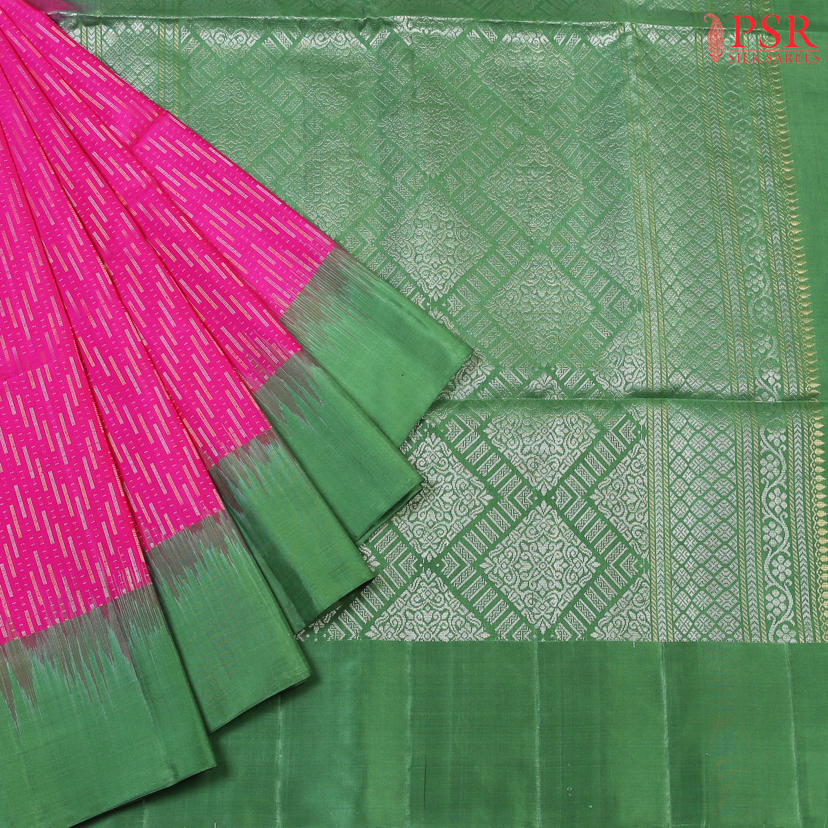 Radiate Elegance with PSR Silks: Exquisite Magenta Pink and Asparagus Green Soft Silk Saree