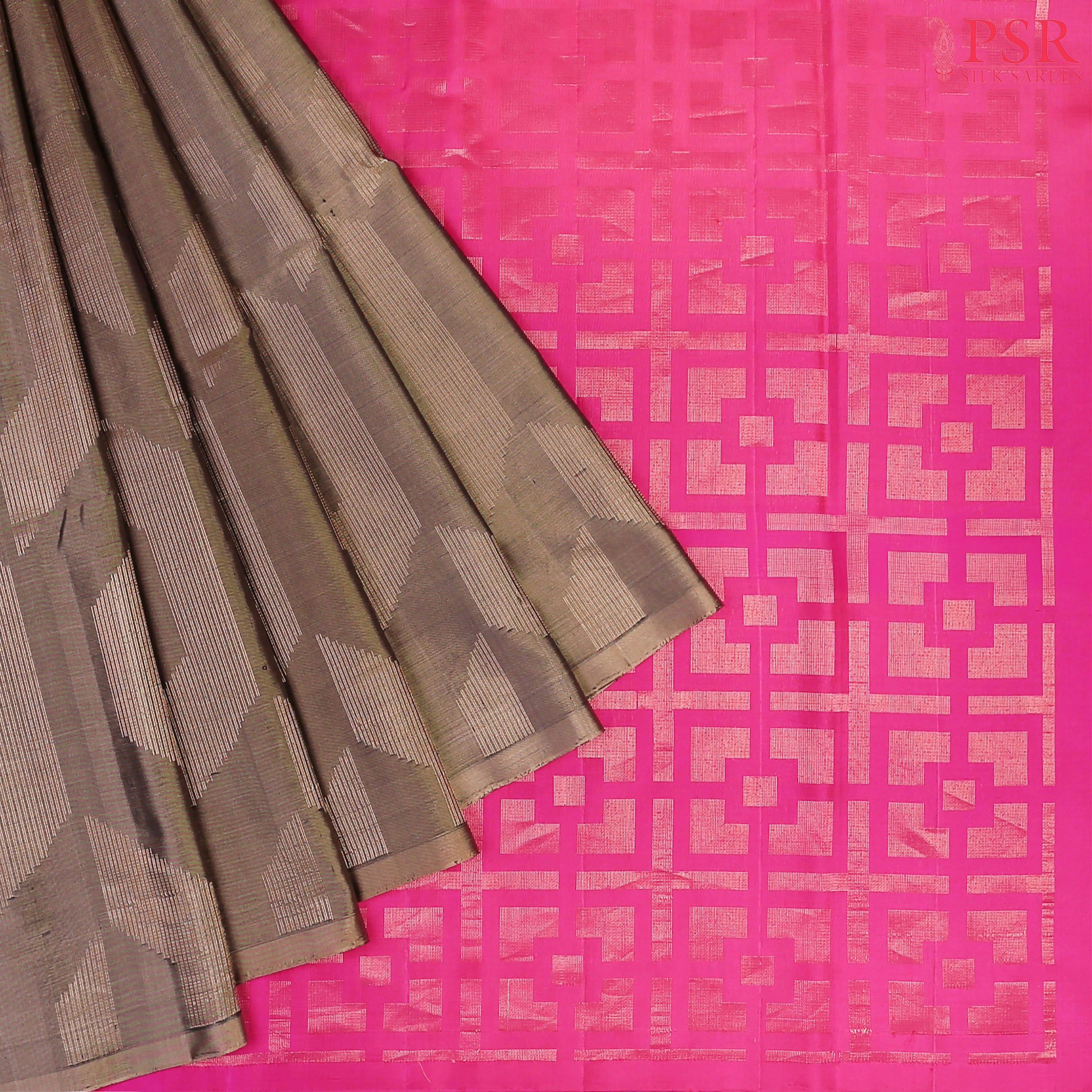 Mink Grey Soft Silk Saree with Golden Zari Jacquard Pattern, Magenta Pink Pallu & Unique Golden Zari Work – PSR Silks