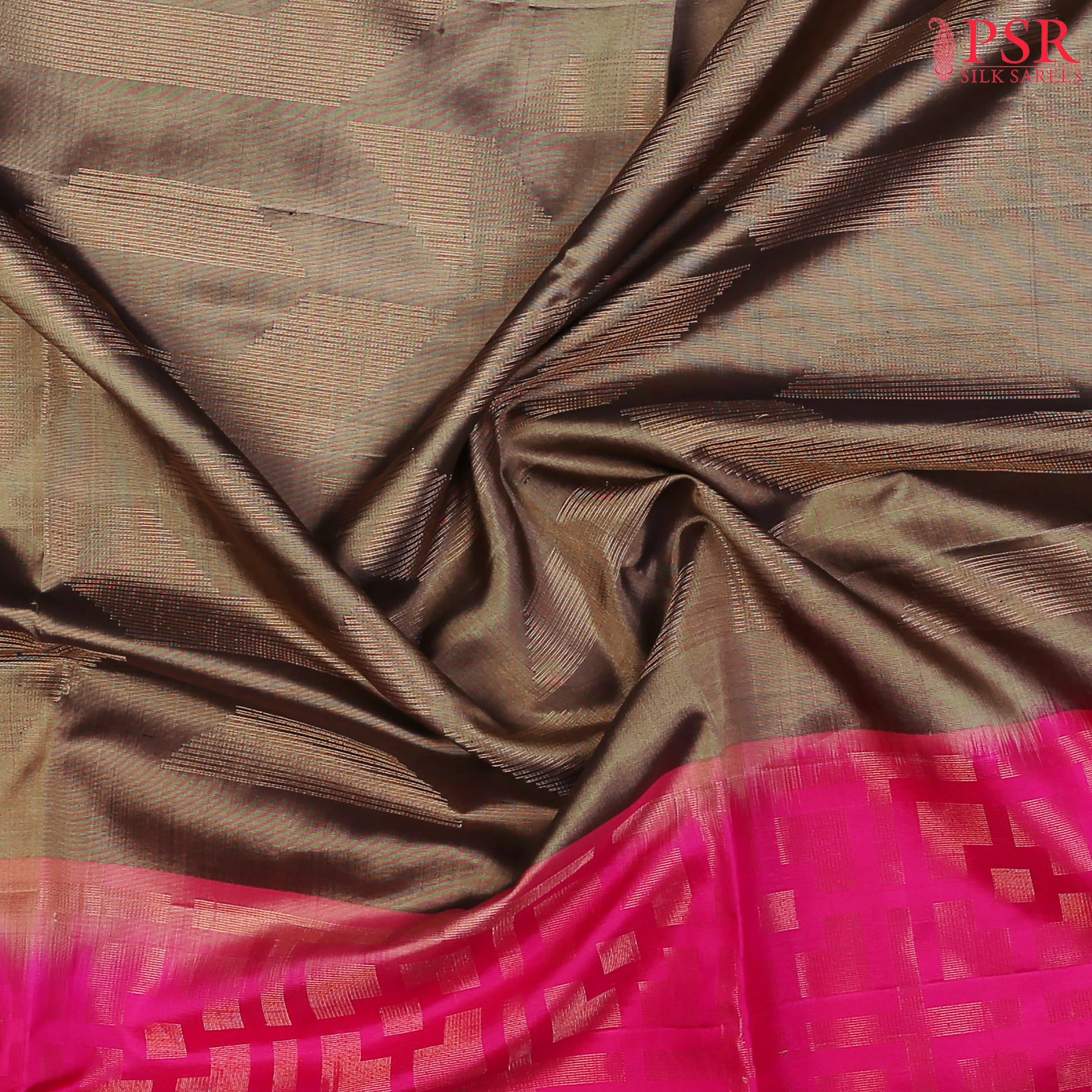 Mink Grey Soft Silk Saree with Golden Zari Jacquard Pattern, Magenta Pink Pallu & Unique Golden Zari Work – PSR Silks