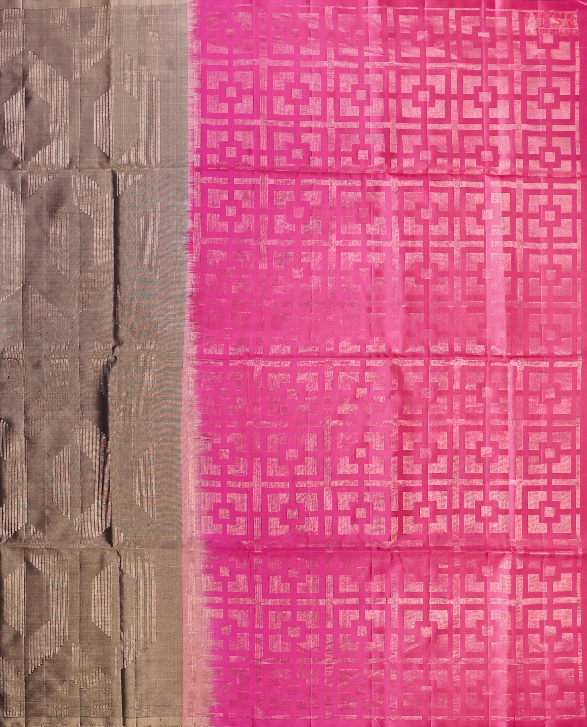 Mink Grey Soft Silk Saree with Golden Zari Jacquard Pattern, Magenta Pink Pallu & Unique Golden Zari Work – PSR Silks