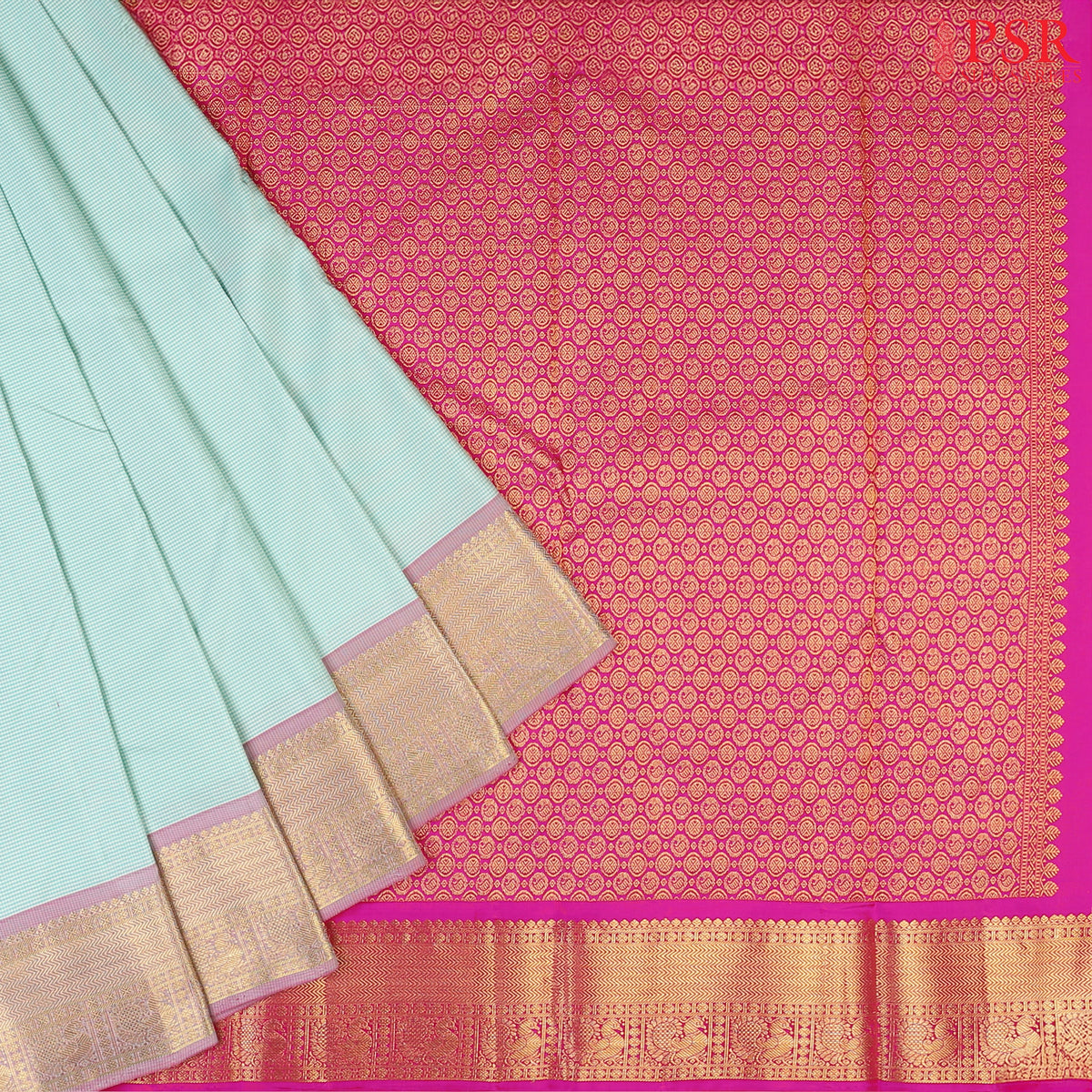 Mint Green & White Kanchipuram Silk Saree with Pin Checks Pattern, Golden Zari Pallu & Light Pink Zari Border – Smartika Kanjivaram by PSR Silks