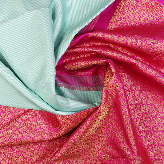 Mint Green & White Kanchipuram Silk Saree with Pin Checks Pattern, Golden Zari Pallu & Light Pink Zari Border – Smartika Kanjivaram by PSR Silks