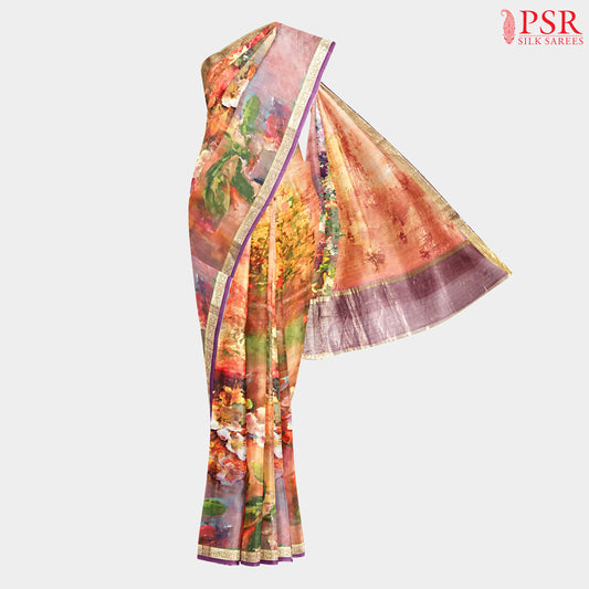 Floral Orange Chiniya Silk Saree