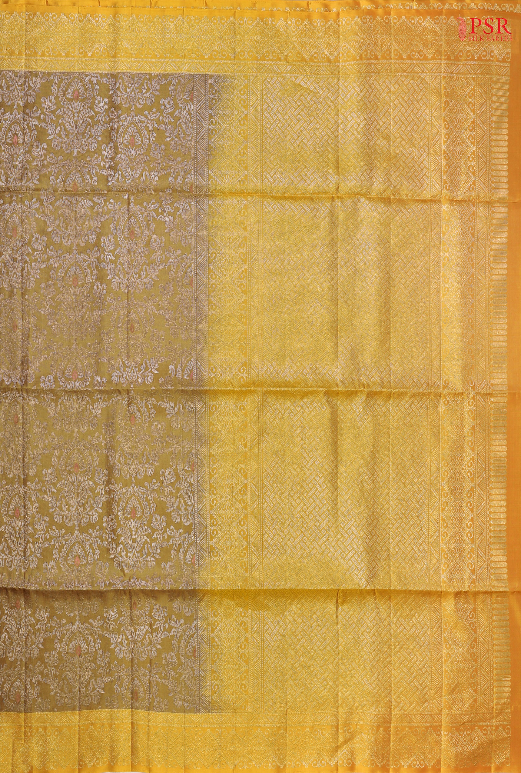 Radiate Elegance with PSR Silks' Olive Mustard &amp; Olive Yellow Soft Silk Saree!