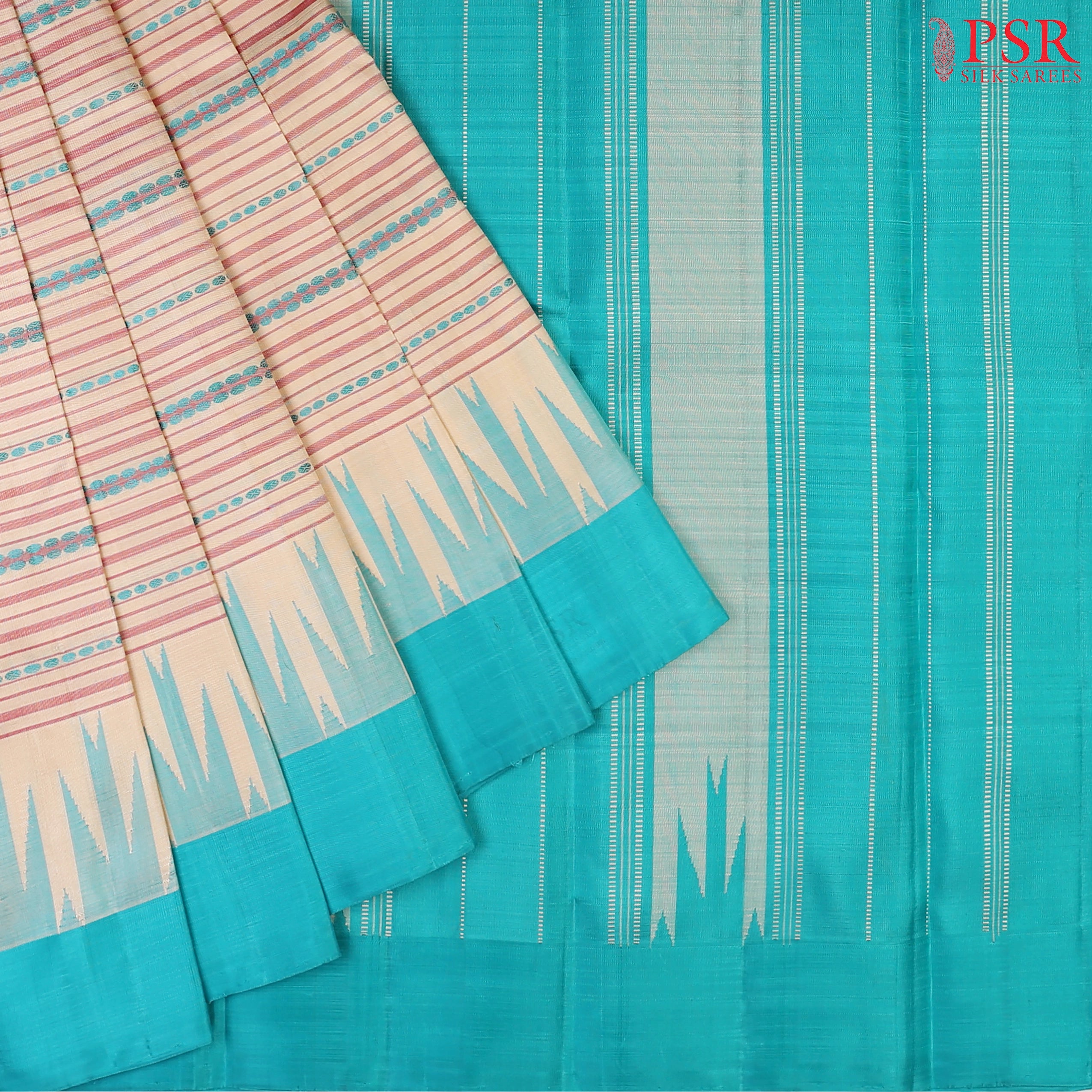 Parchment Beige Kanchipuram Silk Saree with Horizontal Stripes, Turquoise Blue Thread Work, Chit Work Pallu & Temple Border – PSR Silks