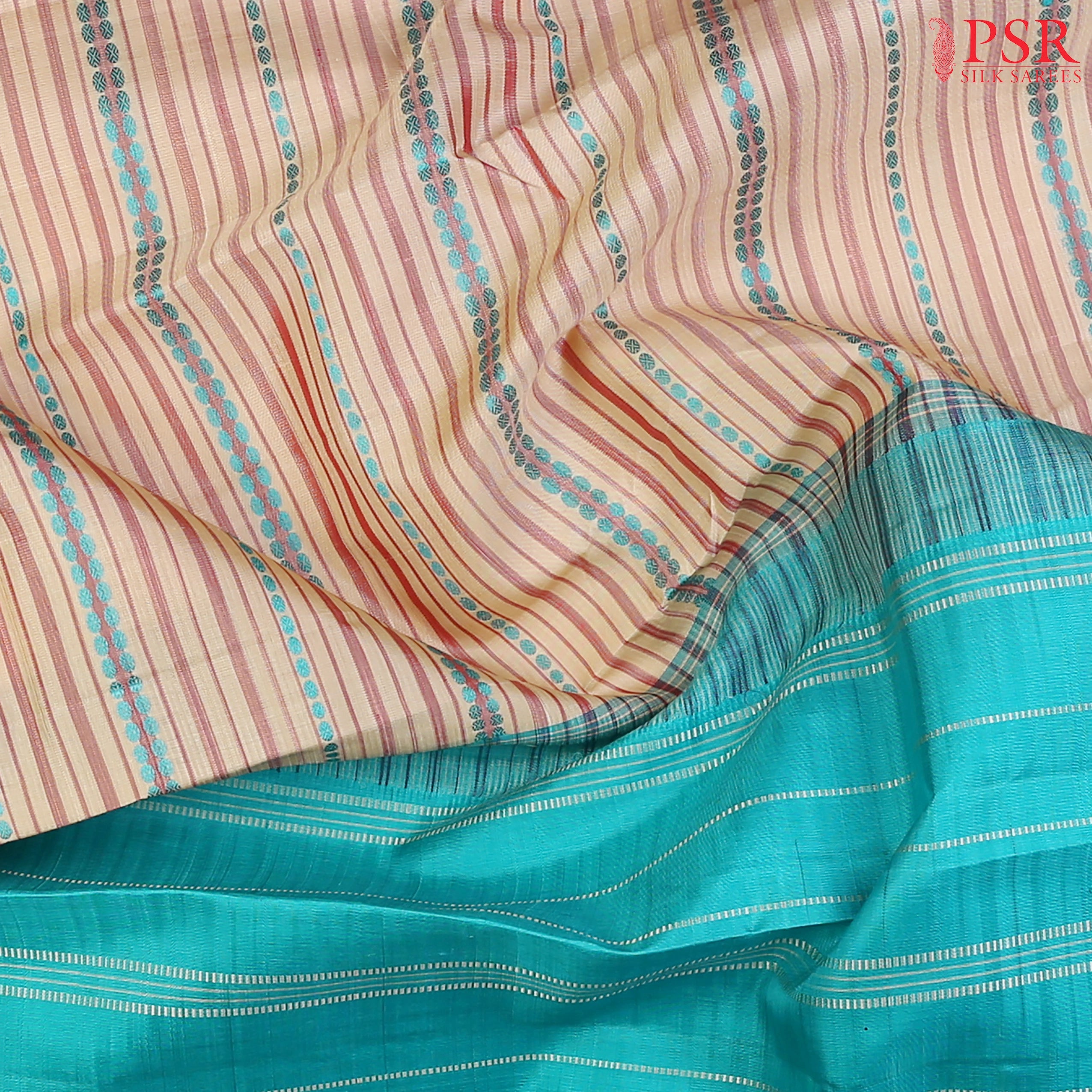 Parchment Beige Kanchipuram Silk Saree with Horizontal Stripes, Turquoise Blue Thread Work, Chit Work Pallu & Temple Border – PSR Silks