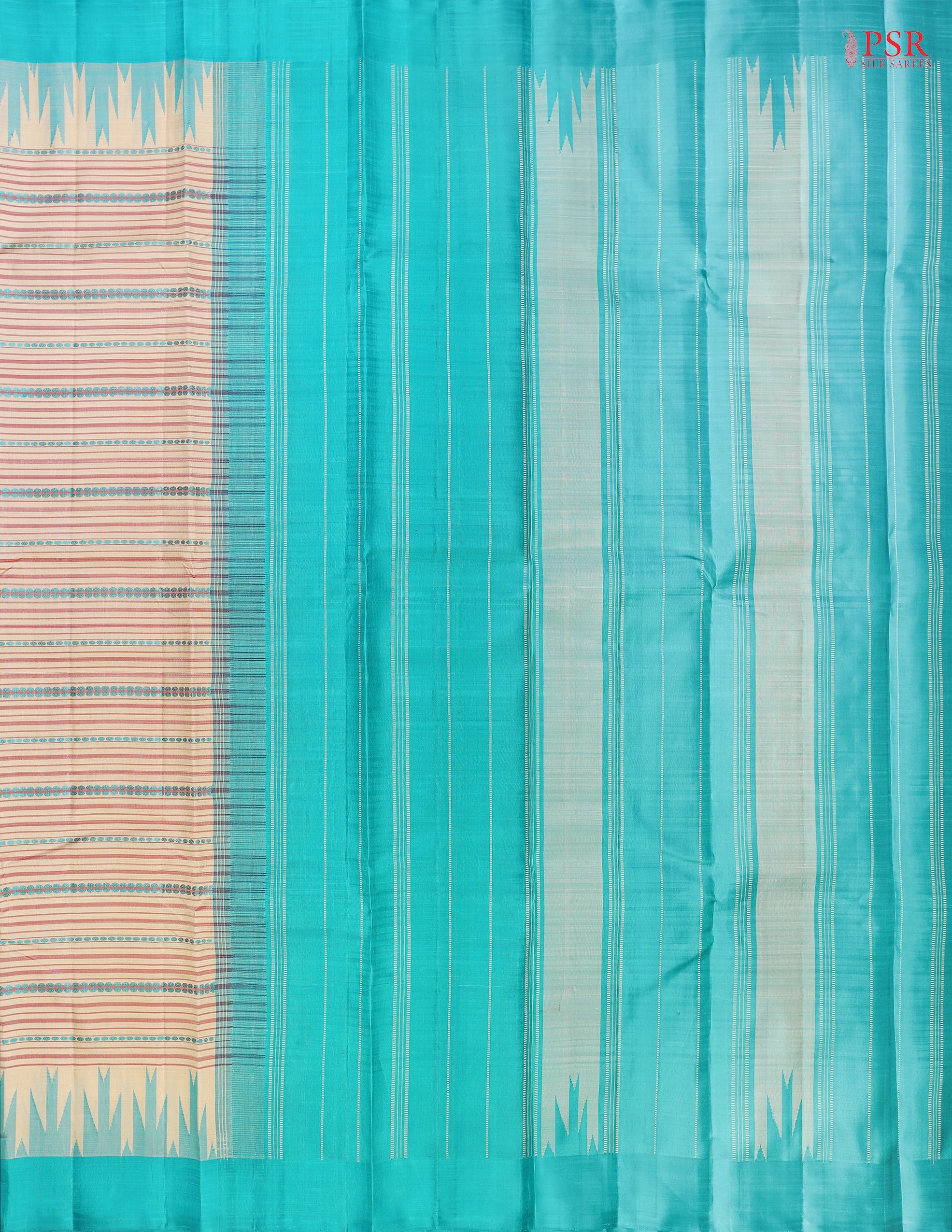 Parchment Beige Kanchipuram Silk Saree with Horizontal Stripes, Turquoise Blue Thread Work, Chit Work Pallu & Temple Border – PSR Silks