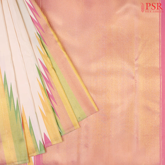 Parchment Beige Kanchipuram Silk Saree from "Shrestha Kanjivaram" with One-Side Temple Tissue Border & Persian Pink Zari Pallu – PSR Silks