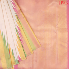 Parchment Beige Kanchipuram Silk Saree from "Shrestha Kanjivaram" with One-Side Temple Tissue Border & Persian Pink Zari Pallu – PSR Silks