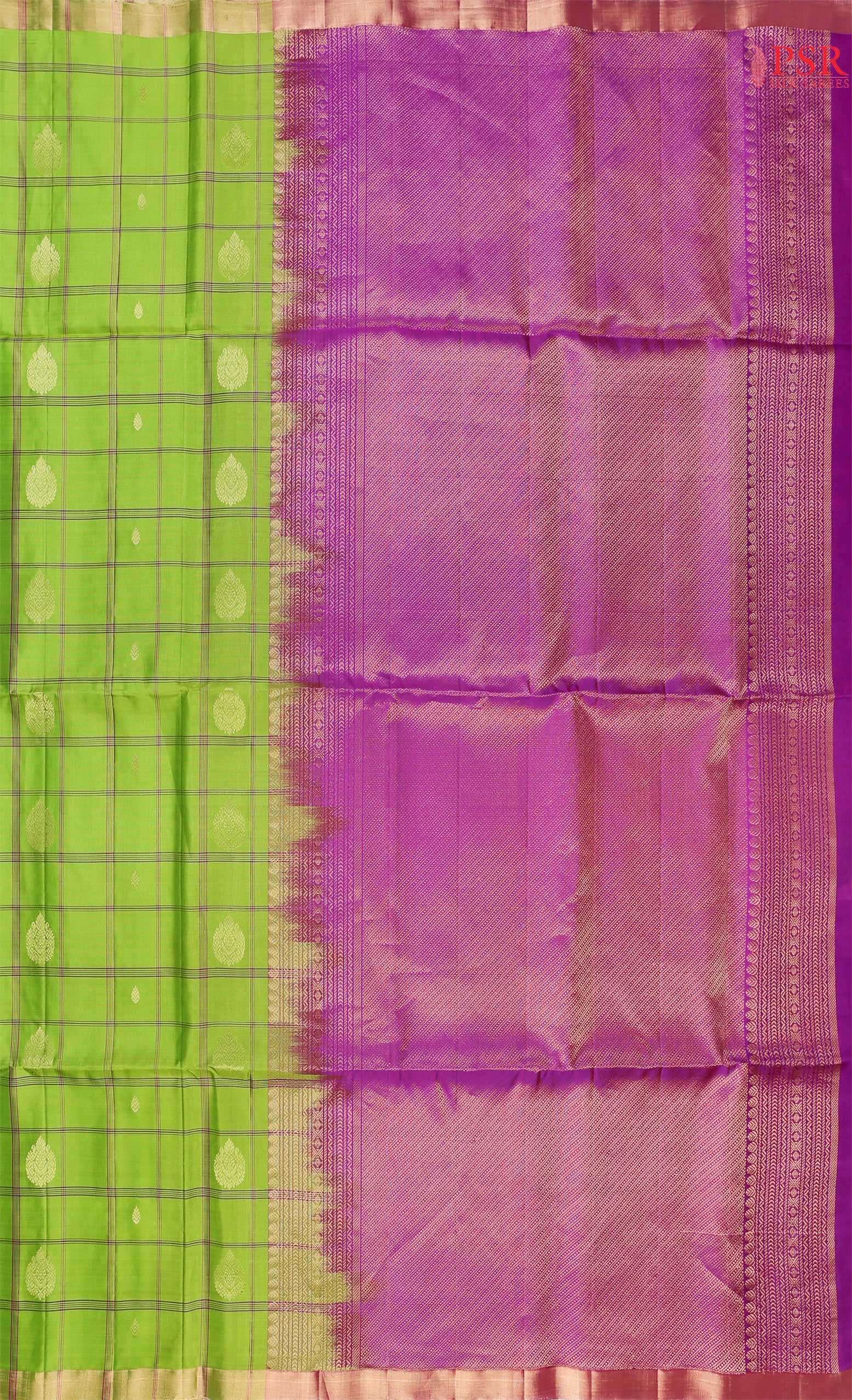 Drape yourself in the charm of our Parrot Green Soft Silk Saree, exquisitely paired with a Vadamalli Purple contrast. 