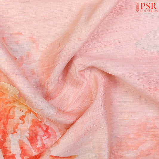 Pastel Peach Kadhi Tussar Silk Saree with colorful floral prints, paired with a matching organza pallu featuring vibrant printed designs.