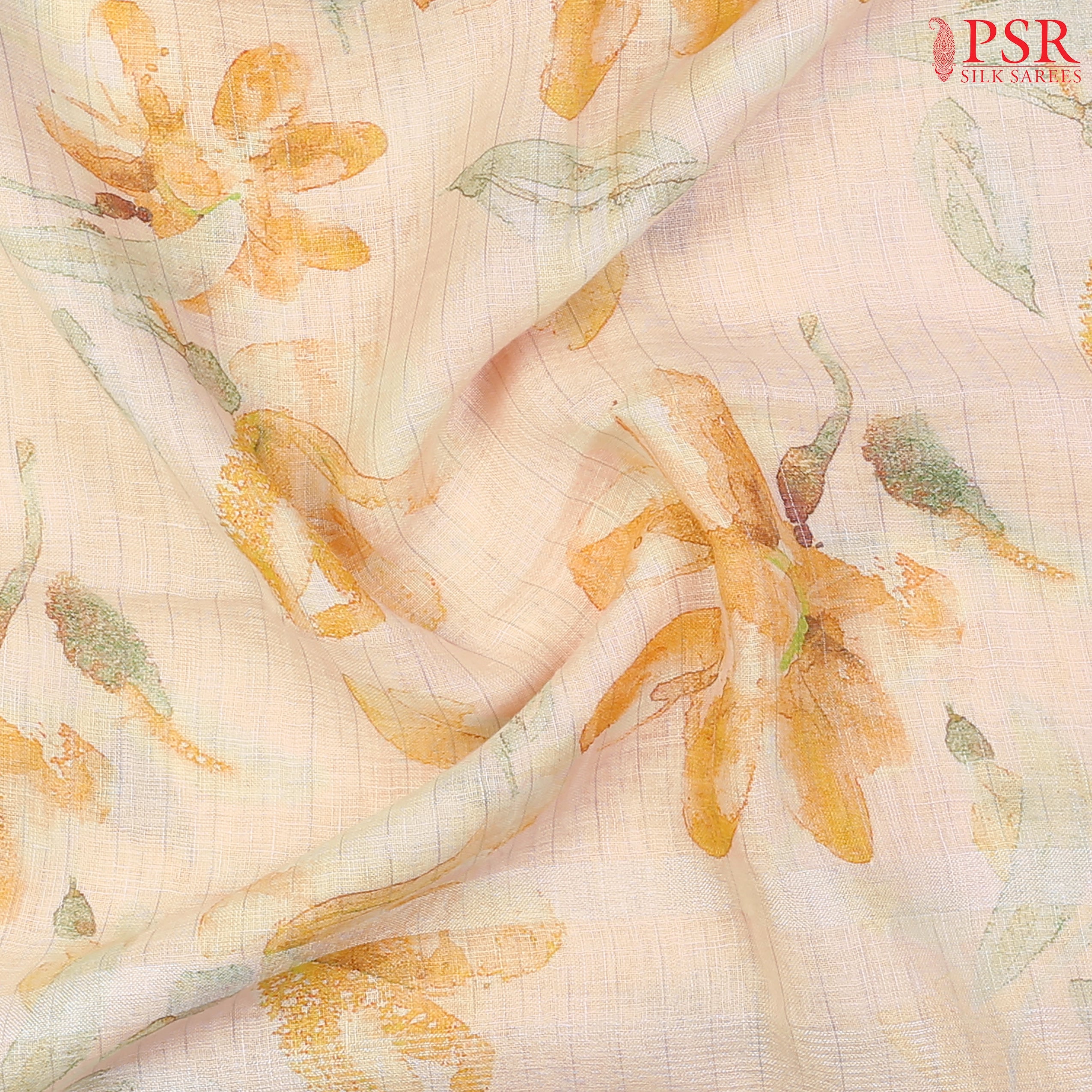 Peach Yellow Pure Linen Saree with floral prints, zari stripe pattern, a printed pallu with tissue stripes, and a matching printed blouse.