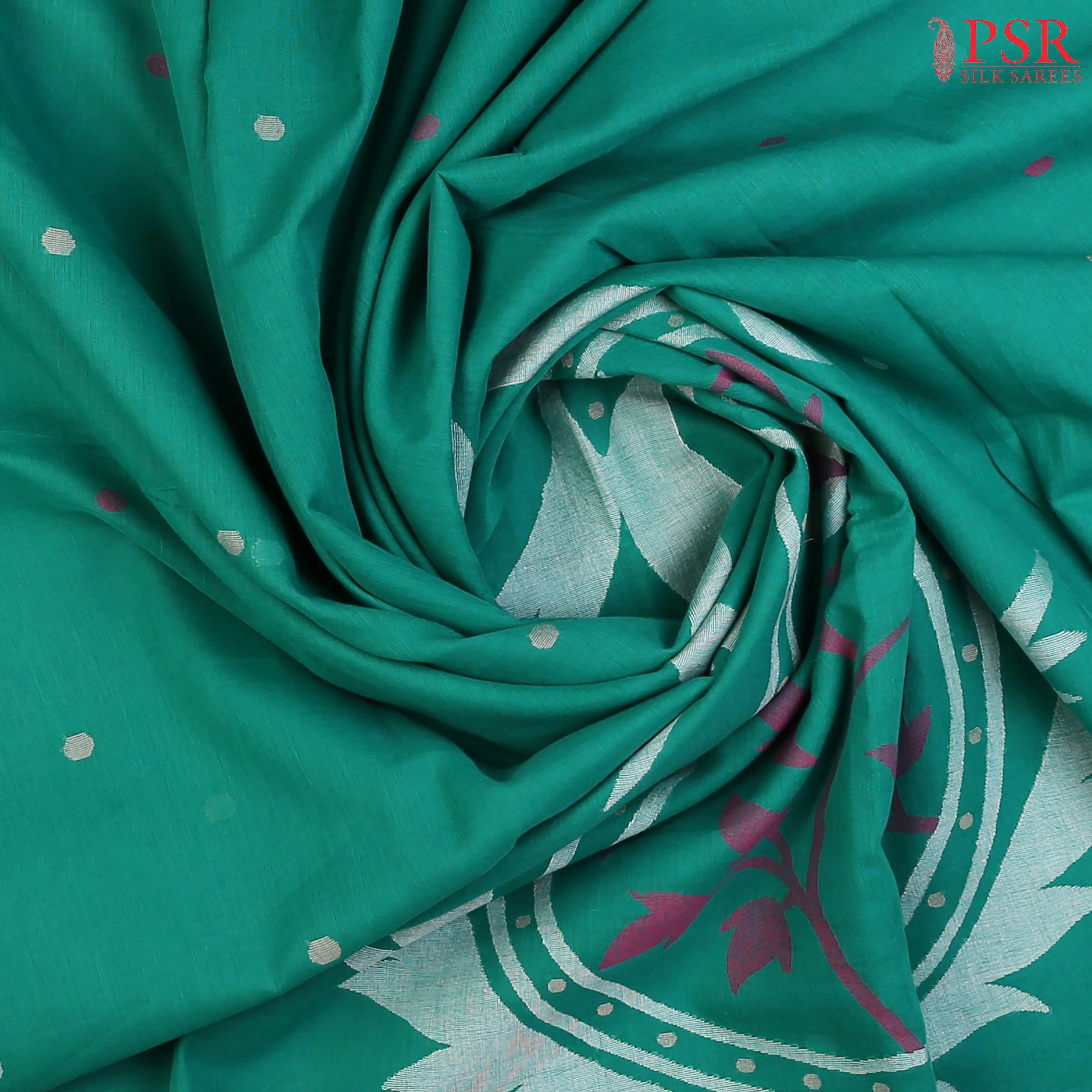 Persian Green Byloom Cotton Saree with Small Coin Thread Motifs & Floral Thread Work Pallu – PSR Silks