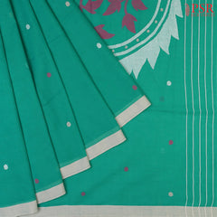 Persian Green Byloom Cotton Saree with Small Coin Thread Motifs & Floral Thread Work Pallu – PSR Silks