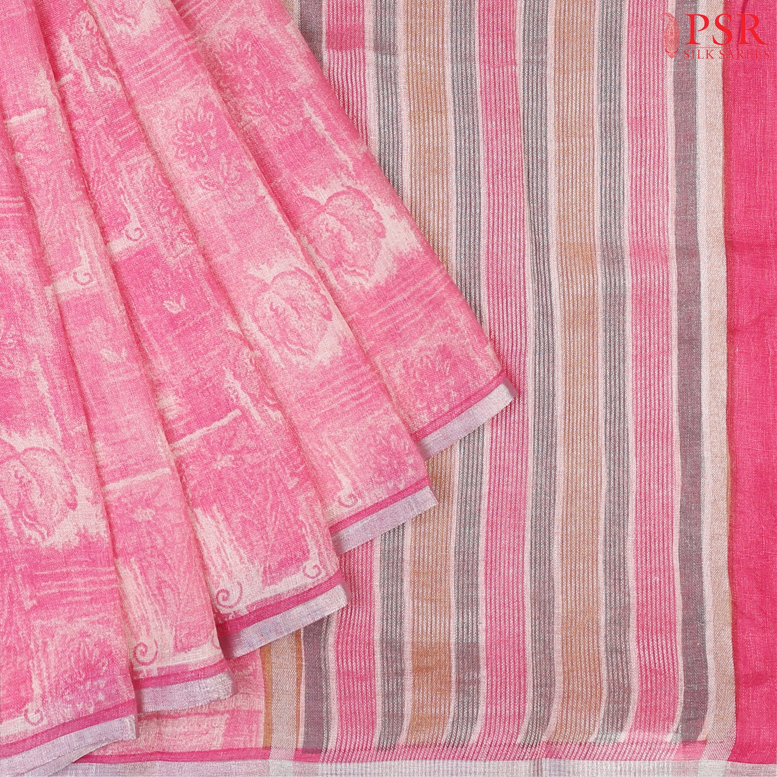 Pink Pure Linen Saree with vintage floral prints, a striped pattern pallu, and a plain blouse—perfect for an elegant and graceful look.