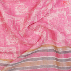 Pink Pure Linen Saree with vintage floral prints, a striped pattern pallu, and a plain blouse—perfect for an elegant and graceful look.