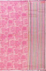 Pink Pure Linen Saree with vintage floral prints, a striped pattern pallu, and a plain blouse—perfect for an elegant and graceful look.