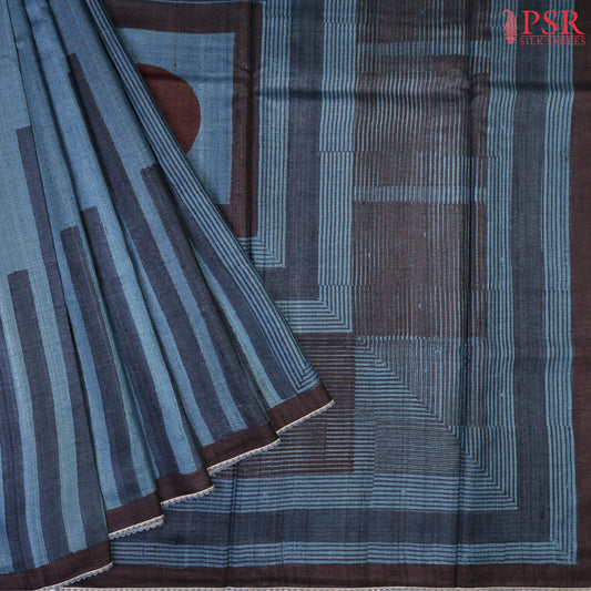 Queen Blue Kadhi Tussar Silk Saree with designer print work, scallop lace border, and matching plain blouse—an elegant fusion of tradition and modern style