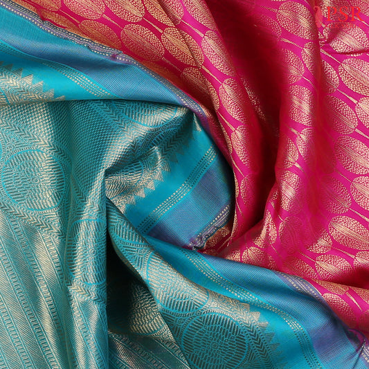 Queen Magenta Kanchipuram Silk Saree with Paddy Brocade Jacquard Weave & Turquoise Cyan Zari Korvai Border – Bridal Kanjivaram Collection by PSR Silks