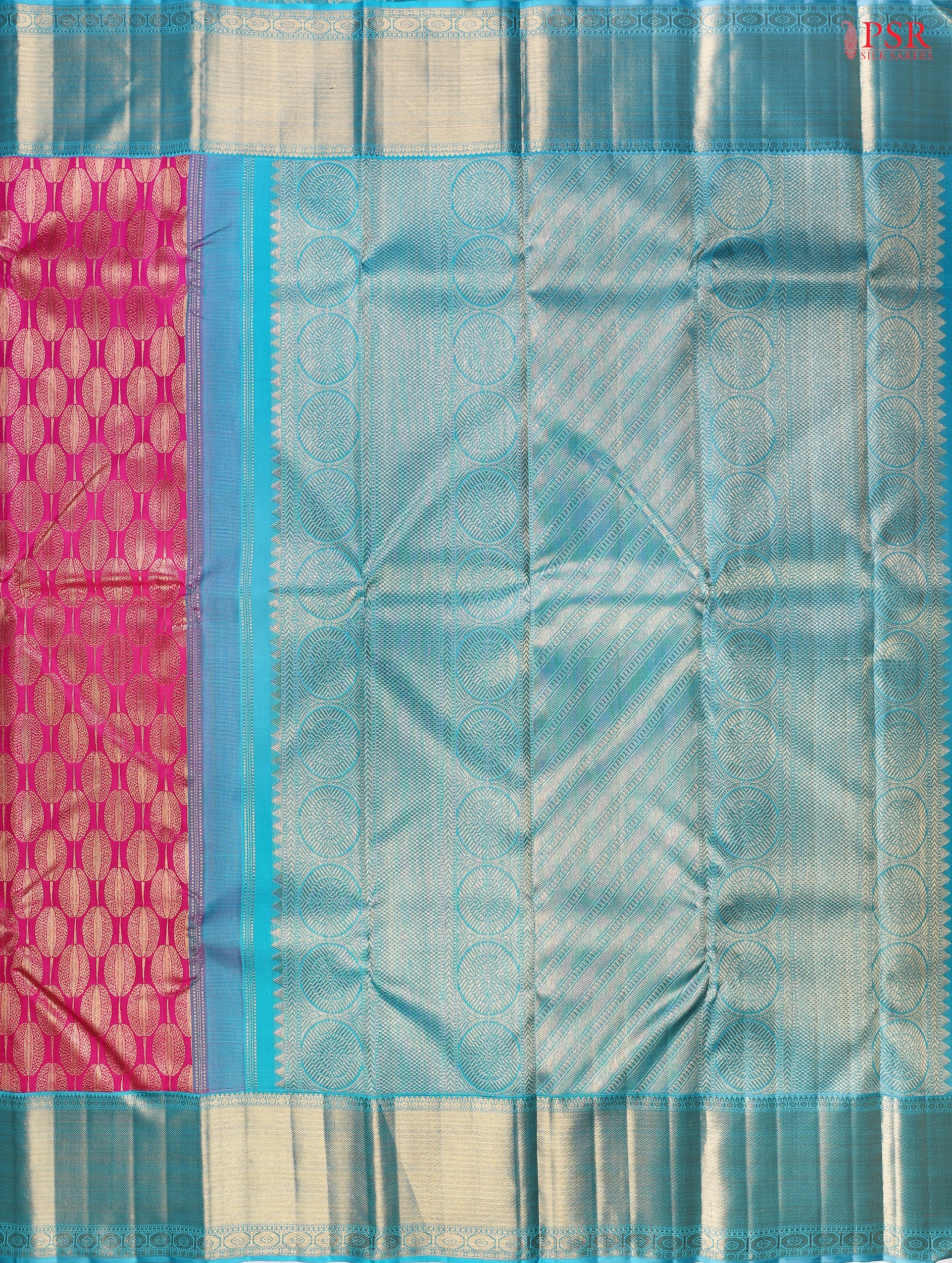 Queen Magenta Kanchipuram Silk Saree with Paddy Brocade Jacquard Weave & Turquoise Cyan Zari Korvai Border – Bridal Kanjivaram Collection by PSR Silks