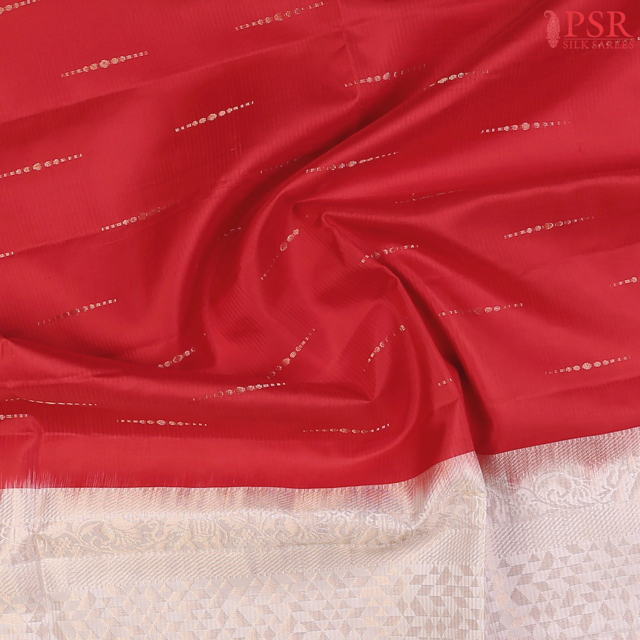 Red Soft Silk Saree with Golden Zari Traditional Motifs, Pearl White Pallu with Zari Work & Self-Striped Blouse – PSR Silks