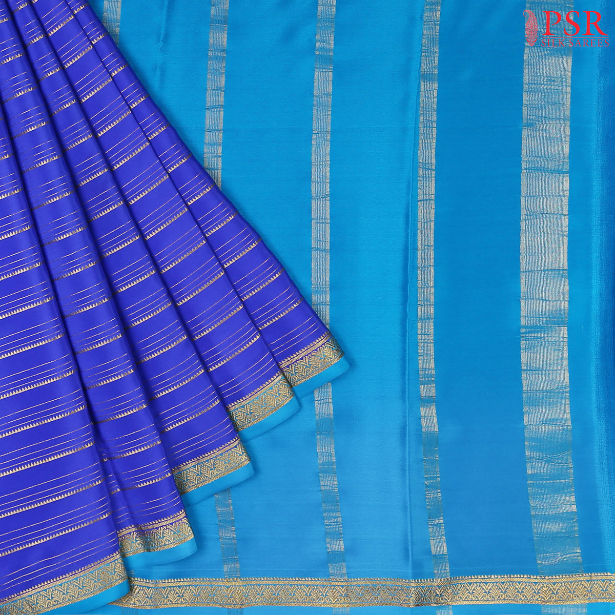 Indulge in the richness of PSR Silks' Royal Blue Mysore Silk saree, paired beautifully with a vibrant Cerulean Cyan combination