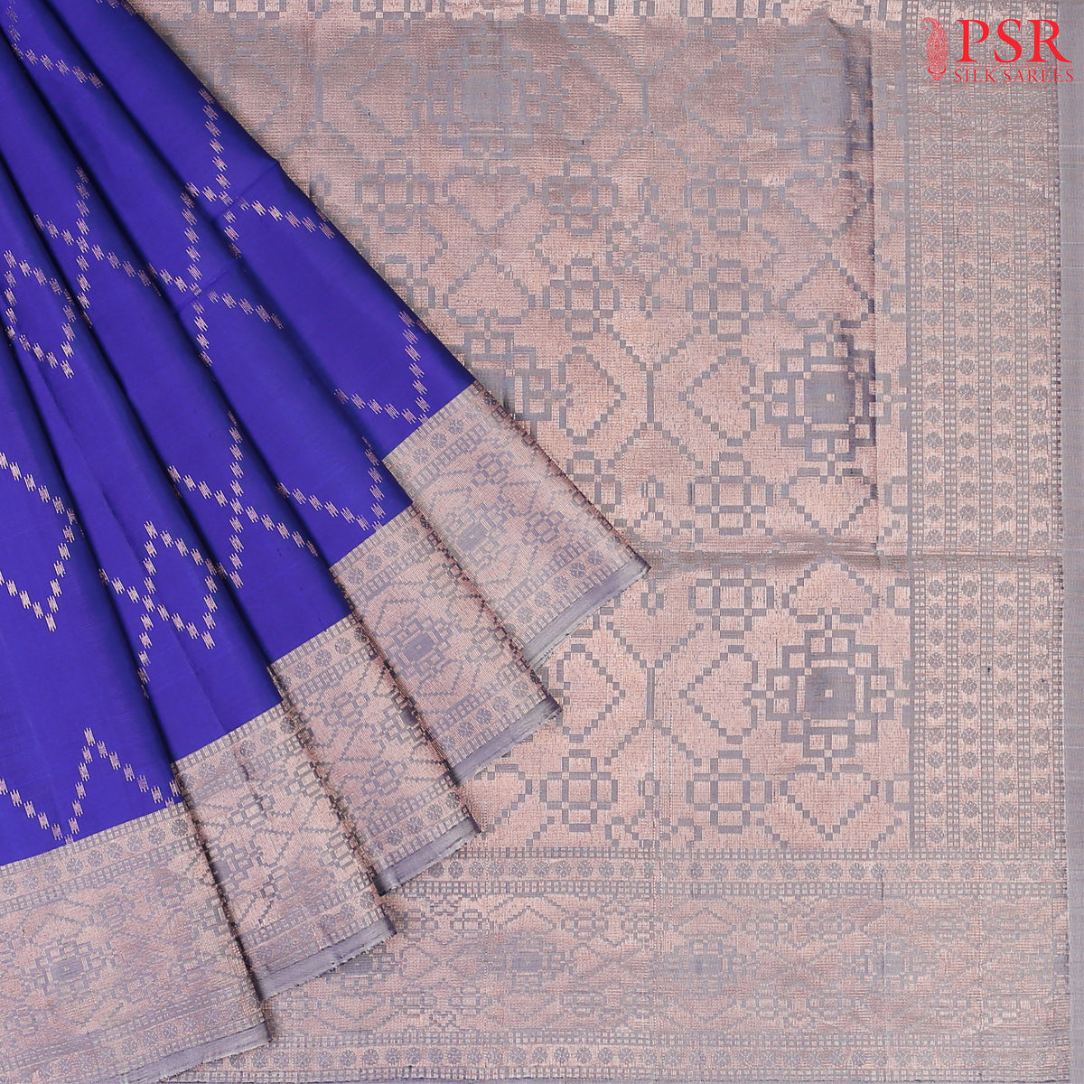 Indulge in elegance with our Royal Blue Soft Silk Saree, featuring a mesmerizing copper zari lattice pattern that adds a touch of regal charm.