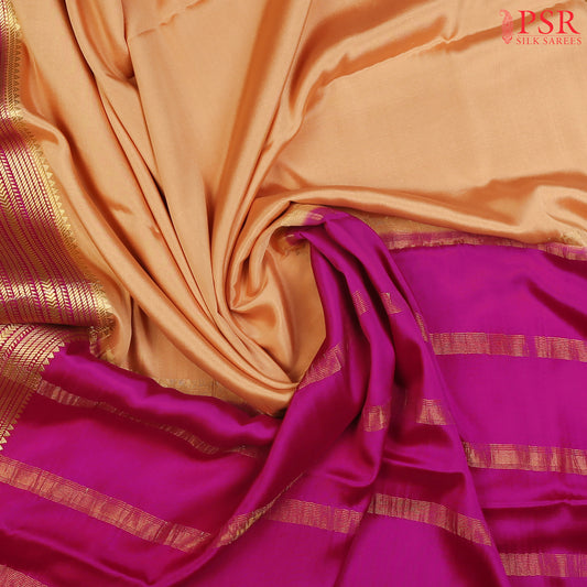 PSR Silks presents a Sandy Tan colored Mysore Silk saree with combination of Vadamalli Purple color.