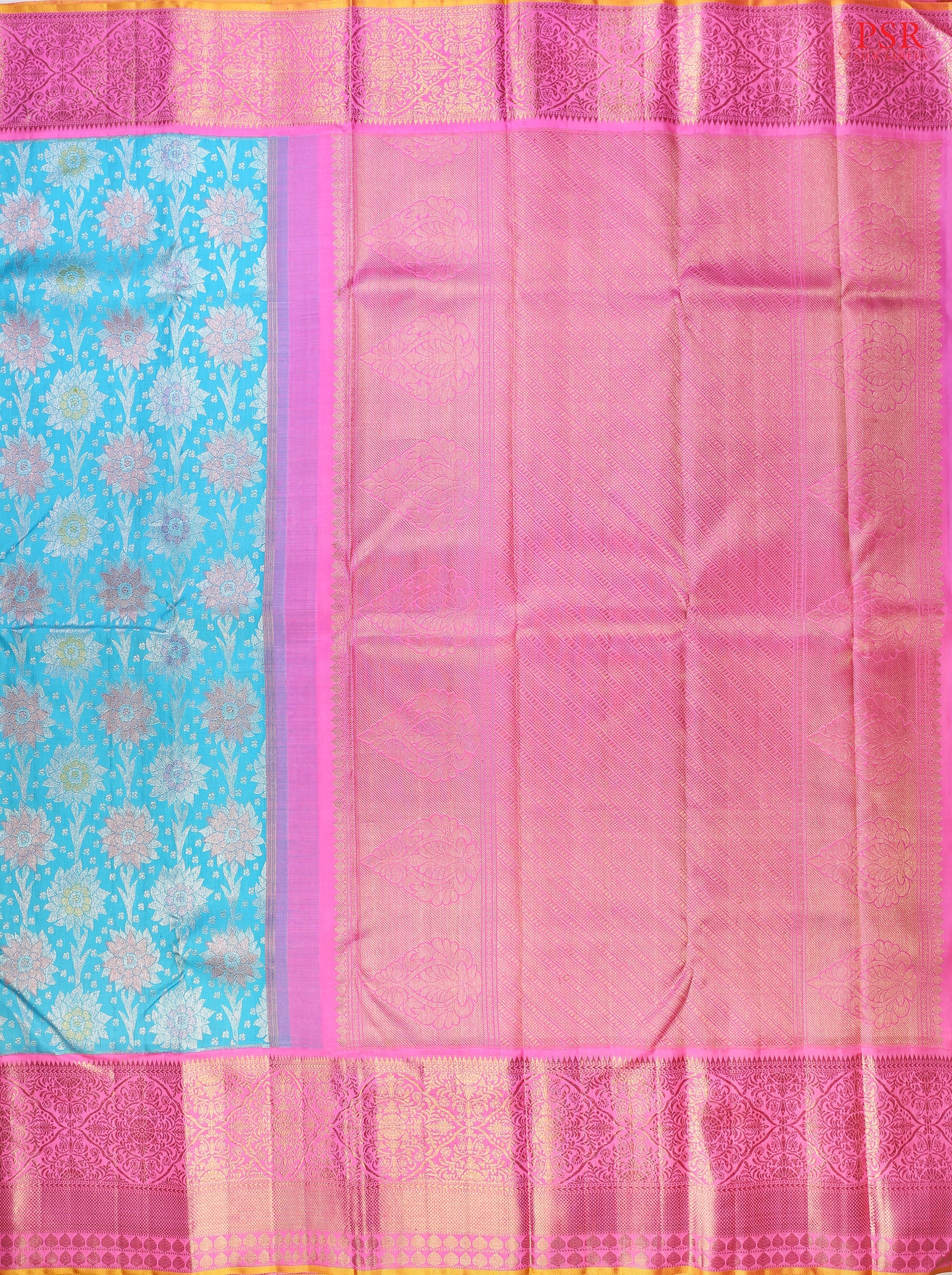 This stunning Sea Blue Summer & Fuchsia Pink Summer Kanchipuram Silk Saree crafted to perfection for brides who love a blend of tradition and charm