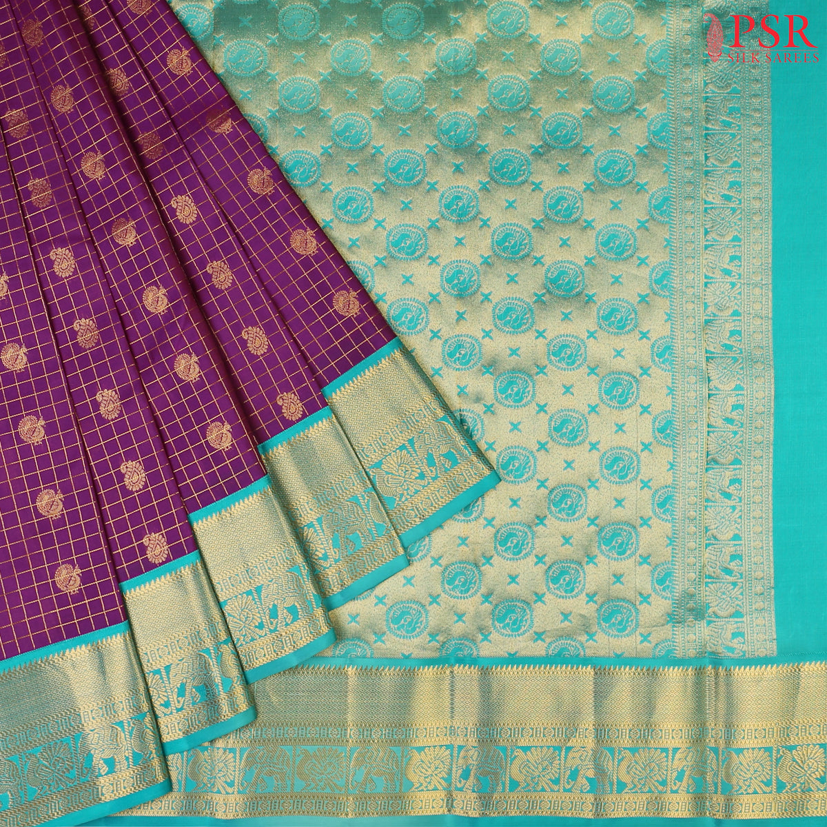 PSR Silks presents a Seance Purple Fancy Kanchipuram Silk Saree, elegantly paired with a striking Persian Green combination. A timeless blend of tradition and grace!