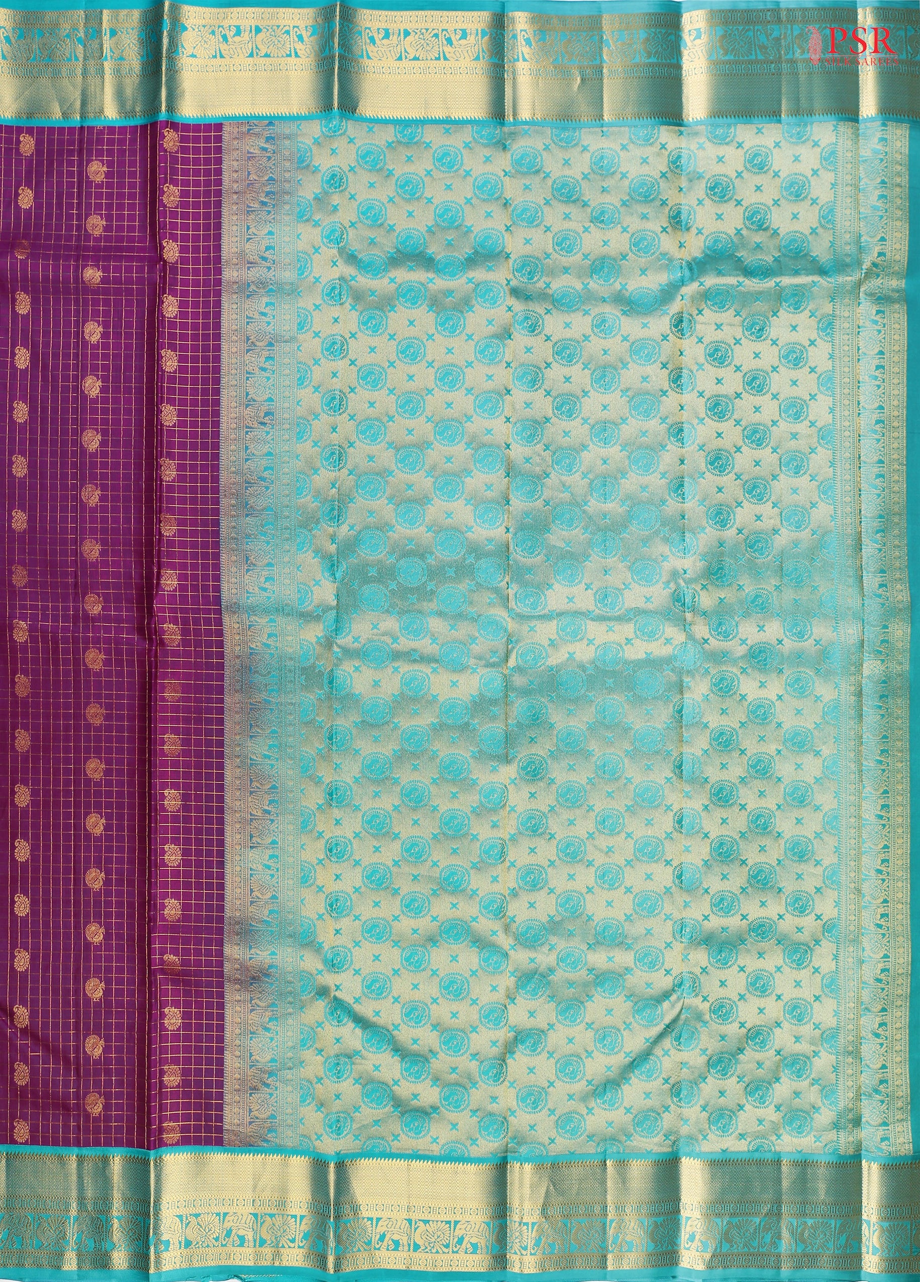 PSR Silks presents a Seance Purple Fancy Kanchipuram Silk Saree, elegantly paired with a striking Persian Green combination. A timeless blend of tradition and grace!