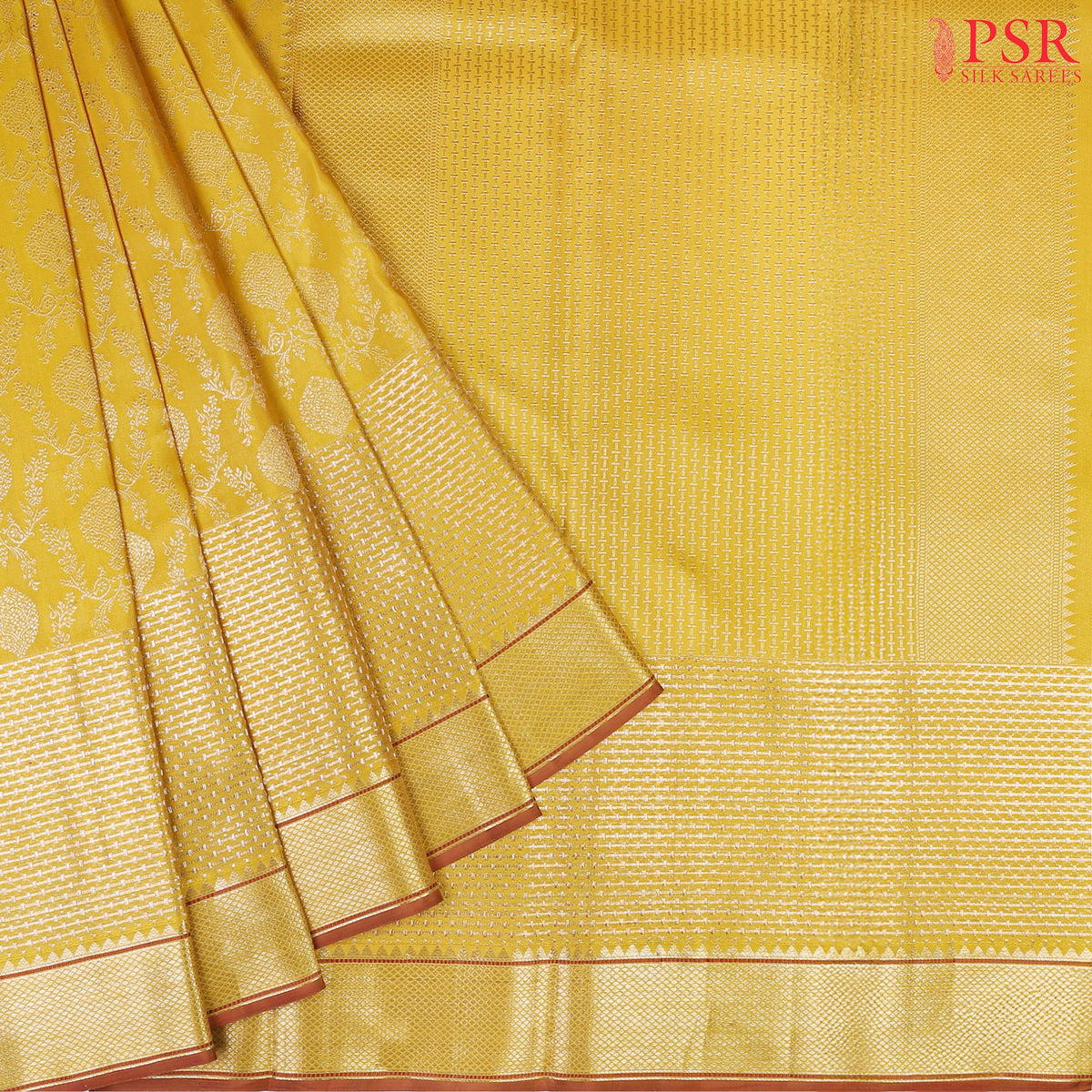 This Tuscan Yellow &amp; Brown Kanchipuram Silk Saree from PSR Silk Sarees is a timeless masterpiece from the "Vaichitrya Kanjivaram" collection