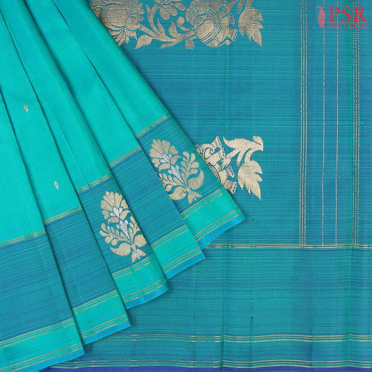 This Verdigris & Turquoise Blue Arani Silk Saree from PSR Silk Sarees is a refined blend of tradition and elegance