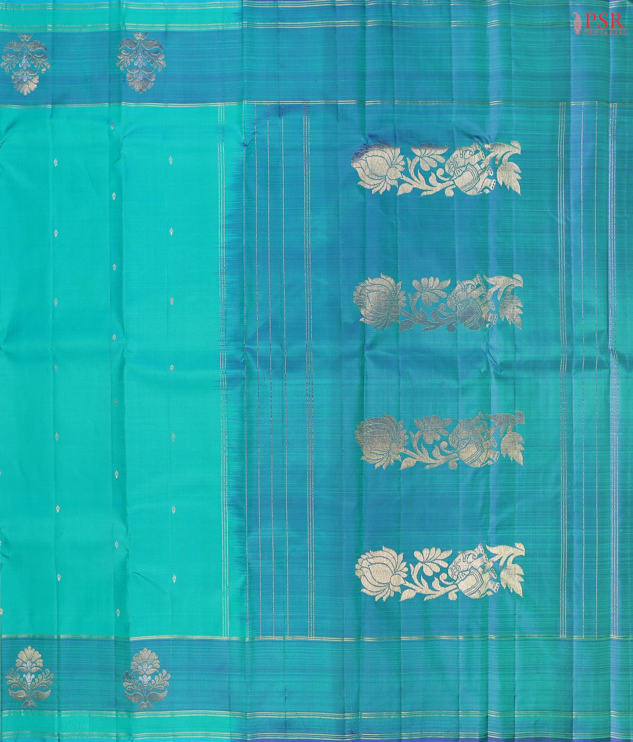 This Verdigris & Turquoise Blue Arani Silk Saree from PSR Silk Sarees is a refined blend of tradition and elegance