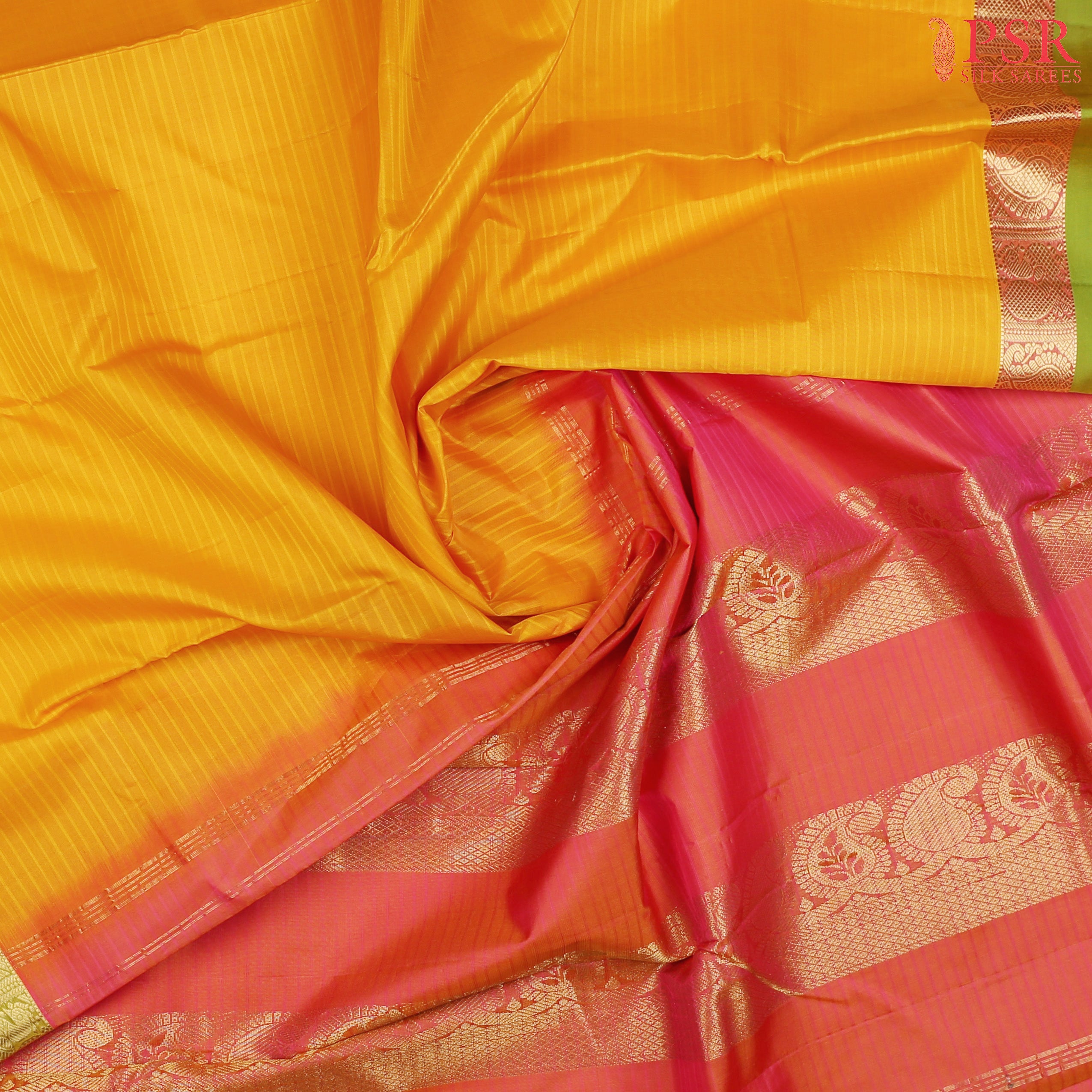 🌼 Radiate Joyful Elegance with PSR Silks! 🌼 Presenting a vibrant Yellow Arani Silk Saree beautifully complemented by Rouge Pink accents.