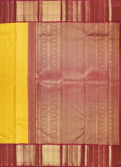 This Yellow & Maroon Kanchipuram Silk Saree from PSR Silk Sarees is a captivating addition to the Vaichitraya Kanjivaram collection