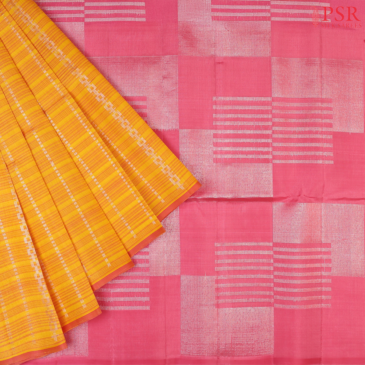 Indulge in the timeless beauty of our Yellow&nbsp;Kora Soft Silk Saree, gracefully paired with a Flamingo Pink contrast