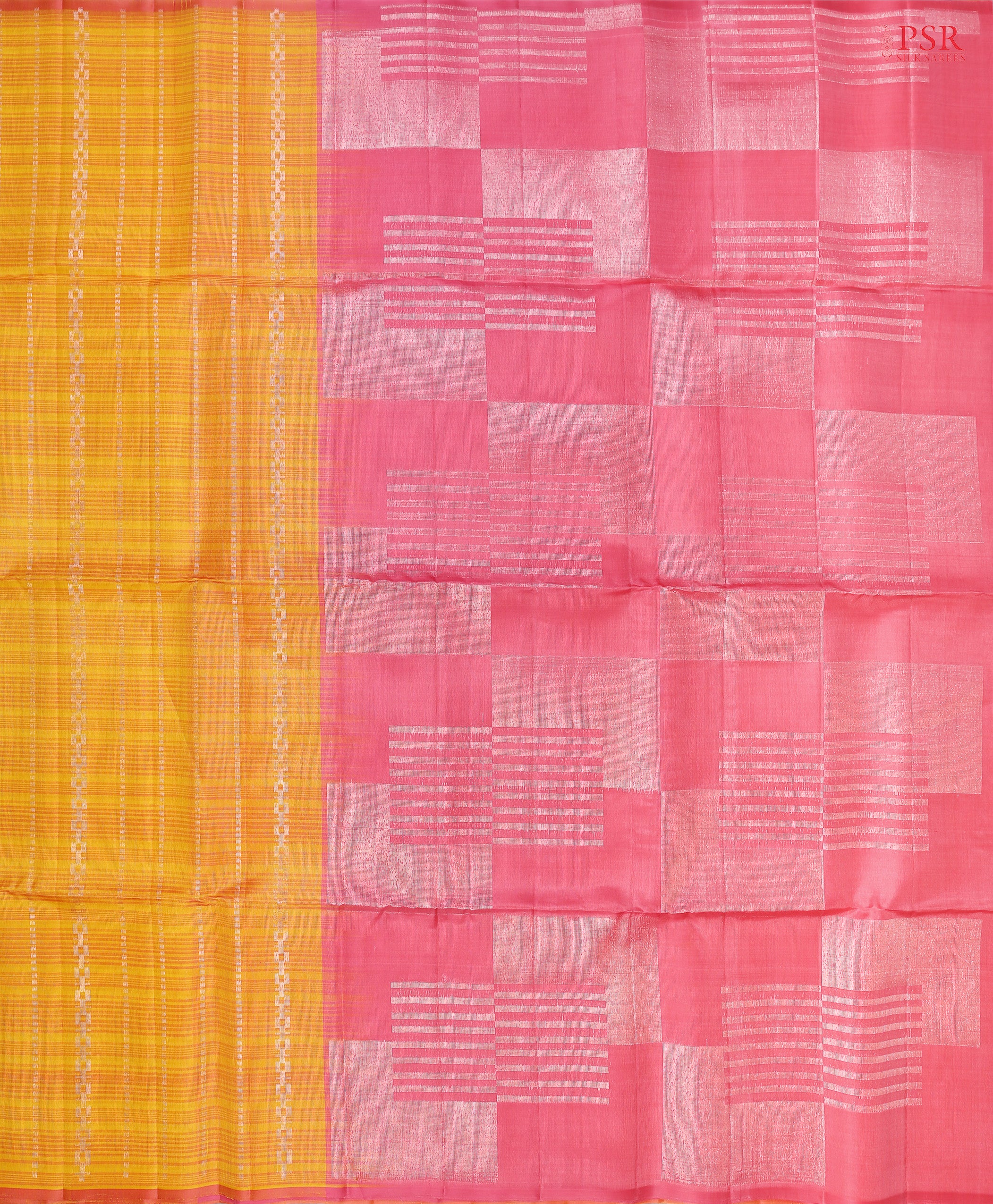 Indulge in the timeless beauty of our Yellow&nbsp;Kora Soft Silk Saree, gracefully paired with a Flamingo Pink contrast