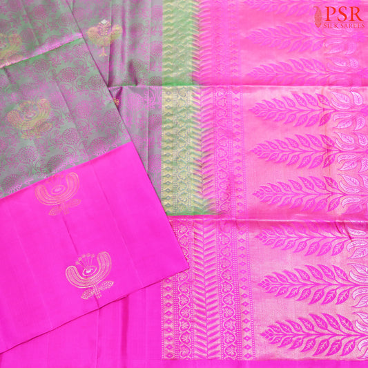 psr silks floral embossed pattern with gold zari bird motifs fuchsia